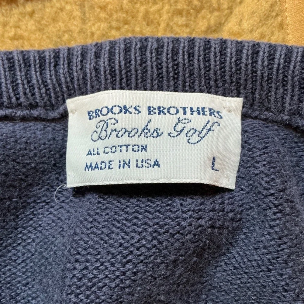 Brooks Brothers Brooks Golf Sweater Vest V-Neck Cotton Mens L Navy Blue USA